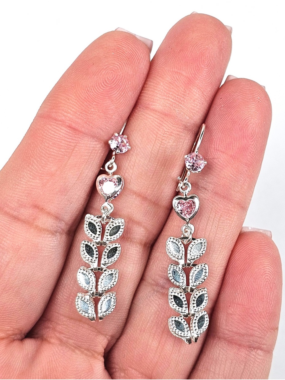 925 Sterling Silver Pink Crystal Heart Floral Dangle Earrings 46mm - Picture 7 of 8